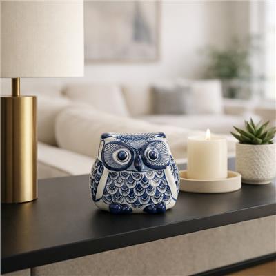 Ceramic Chinoiserie Handpainted Owl Figurine - Blue