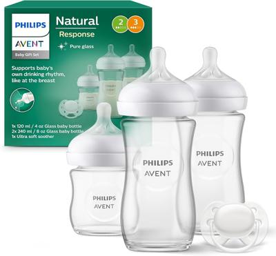 Philips Avent Glass Baby Bottle Newborn Gift Set - 3 Baby Milk Bottles, Ultra-Soft Pacifier for Babies Aged 0-6 Months+ (Model SCD878/11) : Amazon.co.