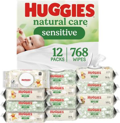 Amazon.com: Huggies Natural Care Sensitive Baby Wipes, Unscented, Hypoallergenic, 99% Purified Water, 12 Flip-Top Packs (768 Wipes Total), Packaging M