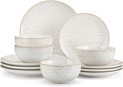 MALACASA 12 Pieces Dinner Set for 4, Embossed Stoneware Dinner Sets, White | 12 Pieces Plates and Bowls Sets, 4 Different Patterns, Microwave/Dishwash