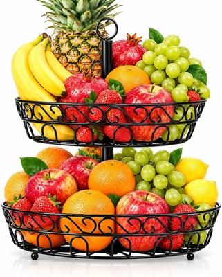 Chefarone 2 Tier Fruit Bowl & Vegetable Basket, Black Metal, Vintage Style | Keep fruit, vegetables and snacks organised in this stylish 2-tier metal