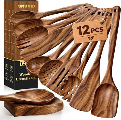 Amazon.com: Wooden Spoons for Cooking, 12 Pcs Teak Wood Kitchen Utensils Set with Spoon Rest - Nonstick Heat Resistant Wooden Cooking Utensils, Natura