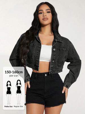 SHEIN PETITE Chaqueta vaquera casual con botones delanteros, manga larga y bolsillos para mujeres petite