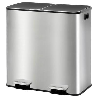 Amazon.com: NEWBULIG 16 Gallon Dual Compartment Stainless Steel Trash Can, Gloss Black | Two removable 8-gallon buckets, soft-close stay-open lid, fin