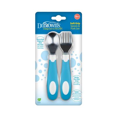 Dr. Browns 2Pk Soft-Grip Spoon and Fork Utensil Set, Safe Silverware for Toddlers, Blue, 12M