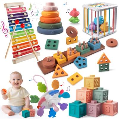 6-in-1 Montessori Baby Toy Set with Wooden Shape Sorter Xylophone Teether | 5 Stacking Rings, 6 Building Blocks, 20 Shape Blocks, Sensory Cube, Stacki