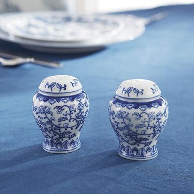 Blue & White Chinoiserie Salt & Pepper Set with Hand Painted Porcelain
