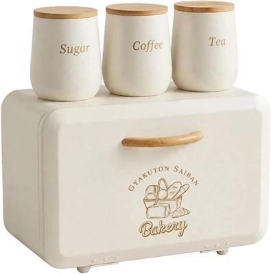 Bread Bin Set with Sugar, Coffee and Tea Canisters, Cream | Bamboo Lids, 3 Canisters Included : Amazon.co.za: Home & Kitchen