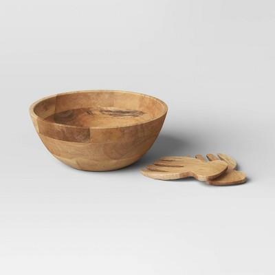 3pc Wood Salad Bowl Set with Utensils - Threshold™: Large Round Serving Bowl, Natural Brown : Target