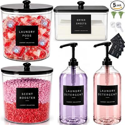 Amazon.com - 5 Pack Laundry Detergent Dispensers & Pod Containers & Dryer Sheet Holder | Two 64 fl oz pump bottles, 2 round jars and a dryer sheet hol