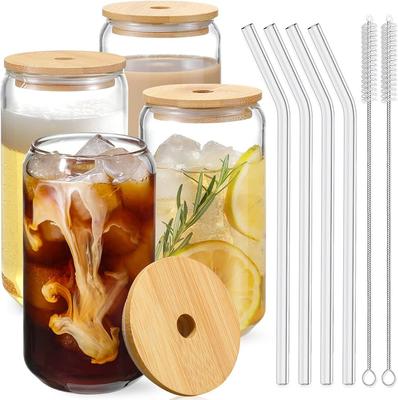 Amazon.com | Drinking Glasses with Bamboo Lids and Glass Straw 4pcs Set - 16oz Glass Cups, Iced Coffee Glasses, Cute iced Tea Glasses, Beer Glasses, I